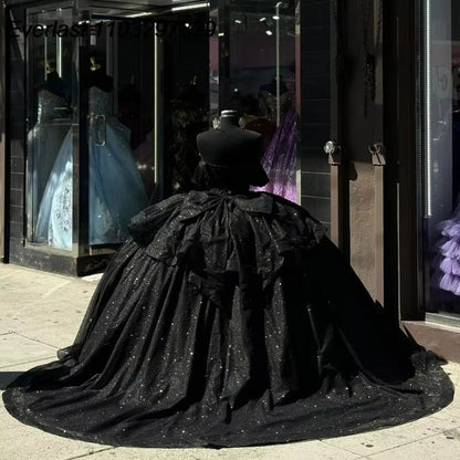 Vestido de quinceañera negro brillante con cuentas y vestido de fiesta para cumpleaños