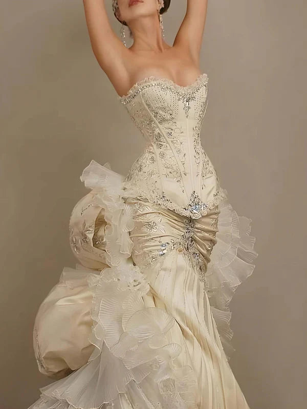 Exquisite Mermaid Sweetheart Neck Beaded Tulle Satin Long Prom Dress Wedding Dress SH3551