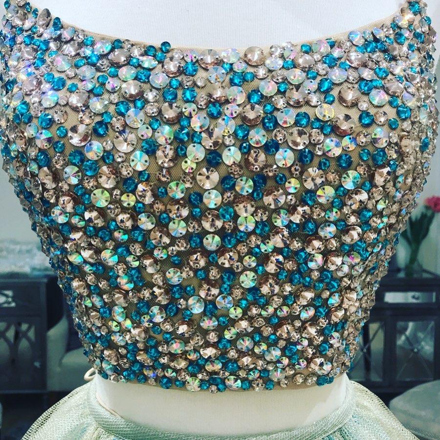 Green Tulle Two Piece Corset Back Beaded Long Prom Dress,WP340
