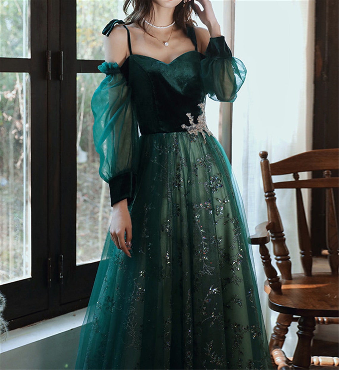 Elegante vestido de fiesta de tul verde oscuro impresionante vestido de fiesta de boda