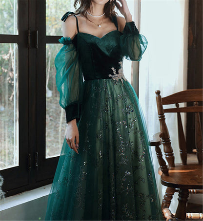 Elegante vestido de fiesta de tul verde oscuro impresionante vestido de fiesta de boda