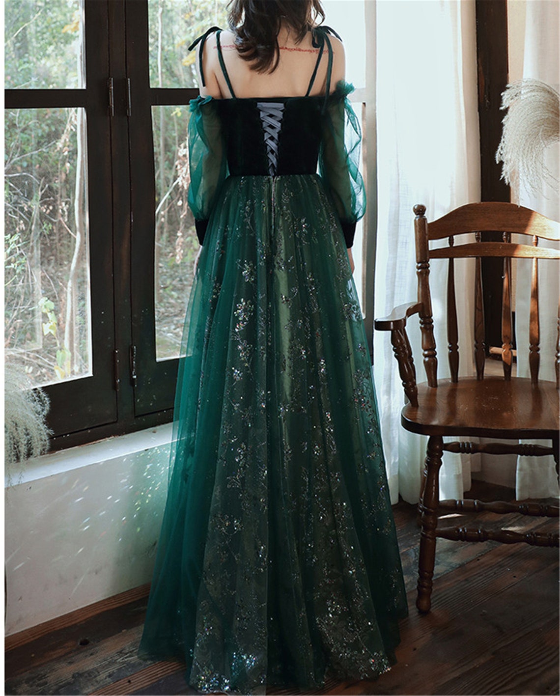 Elegante vestido de fiesta de tul verde oscuro impresionante vestido de fiesta de boda