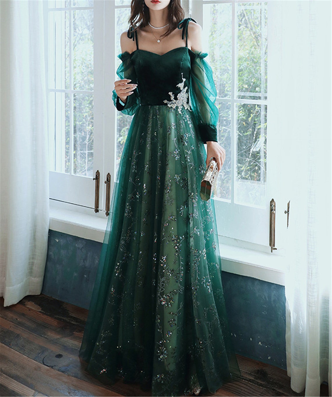 Elegante vestido de fiesta de tul verde oscuro impresionante vestido de fiesta de boda