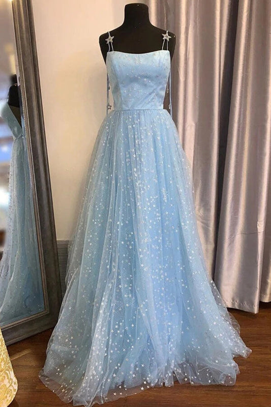 Hermoso vestido de fiesta largo de tul azul cielo con escote en A y estrellas, vestidos formales, vestidos largos 