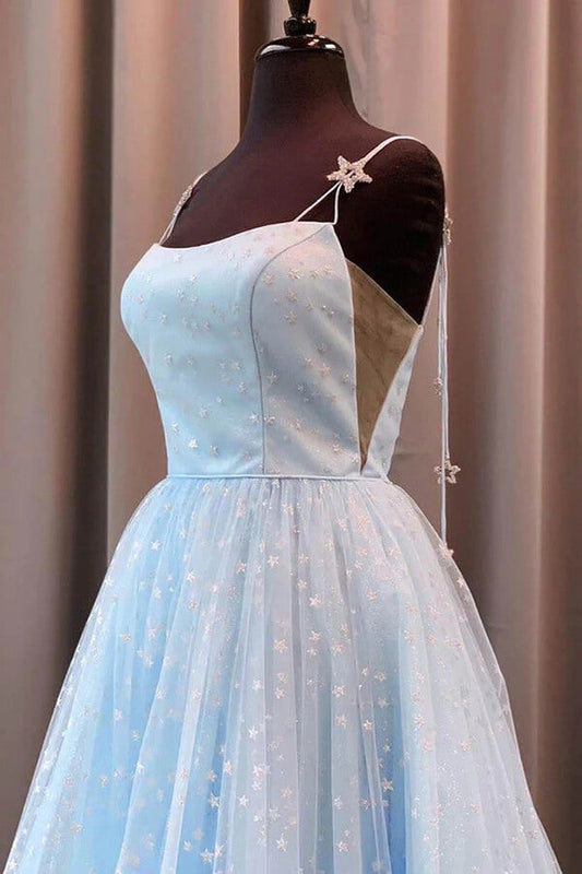 Hermoso vestido de fiesta largo de tul azul cielo con escote en A y estrellas, vestidos formales, vestidos largos 