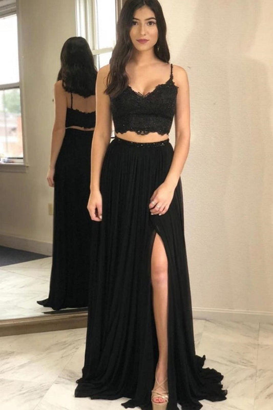 Black Lace Chiffon Two Piece Prom Dress with Slit, Black Long Evening Gowns GP176