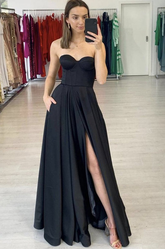 Black Satin A Line Long Prom Dress Sweetheart Floor Length Evening Dress GP186
