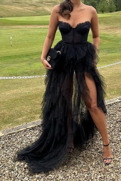 Orange Sweetheart Long Prom Dresses with Lace, Long Slit Tiered Tulle Evening Dress GP521