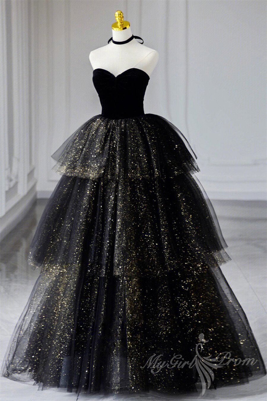 Black Sweetheart Tulle Long Prom Dress With Layered, Black Formal Evening Dress GP503