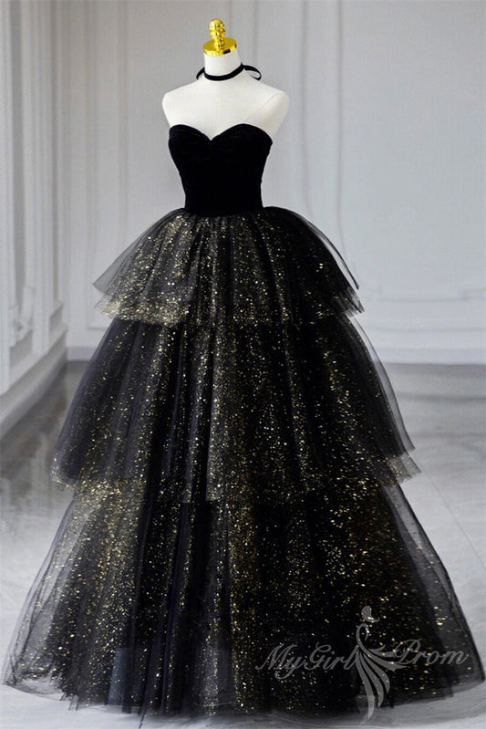 Black Sweetheart Tulle Long Prom Dress With Layered, Black Formal Evening Dress GP503