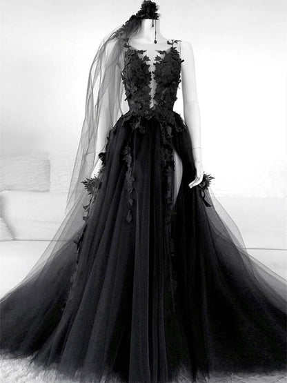 Vestidos de novia negros con escote en V y espalda descubierta de encaje, vestido de novia negro con espalda descubierta