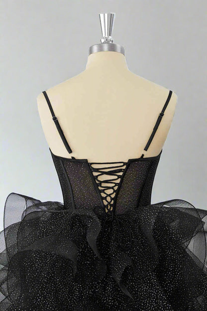 Black Straps A-Line Ruffle Tulle Homecoming Dress Short