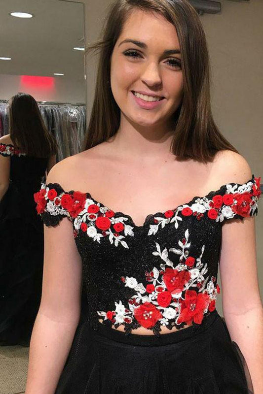 Off shoulder Appliques Tulle Two Piece Sleeveless Black Prom Dress MP738
