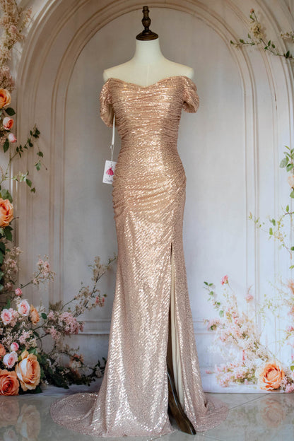 Bling Mermaid Off the Shoulder Champagne Sequins Long Prom Dress with Split Front