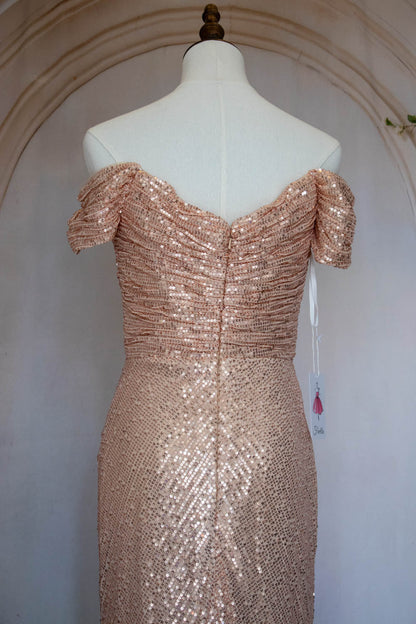 Bling Mermaid Off the Shoulder Champagne Sequins Long Prom Dress with Split Front