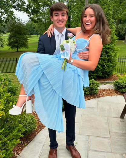 Vestido formal de gasa azul escalonado, vestido largo de fiesta para graduación