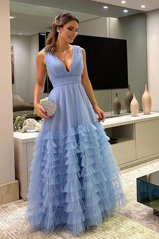 Blue A-line V Neck Long Tulle Layered Prom Party Dress, Elegant Formal Gown GP199