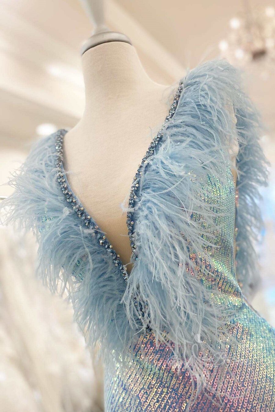 Purple Iridescent Sequin Feather Long Prom Dress Evening Gown with Slit GP482