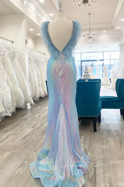 Purple Iridescent Sequin Feather Long Prom Dress Evening Gown with Slit GP482