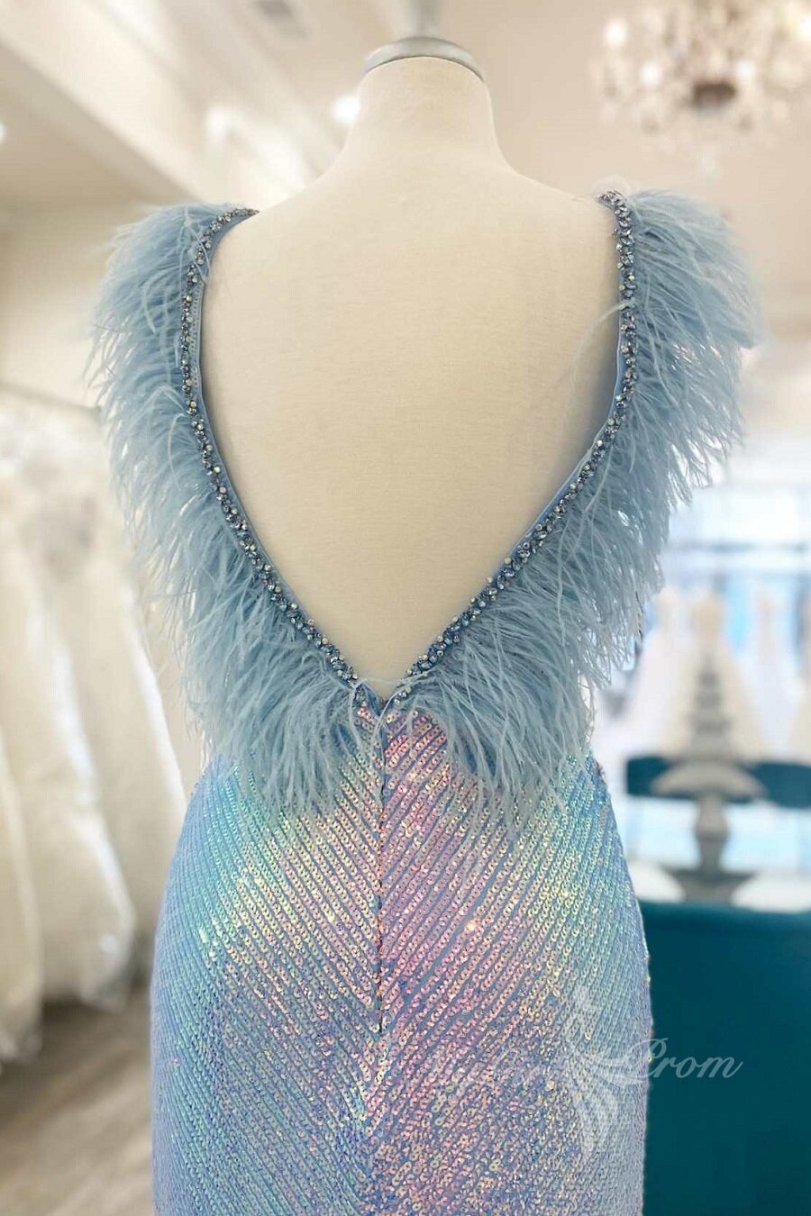 Purple Iridescent Sequin Feather Long Prom Dress Evening Gown with Slit GP482