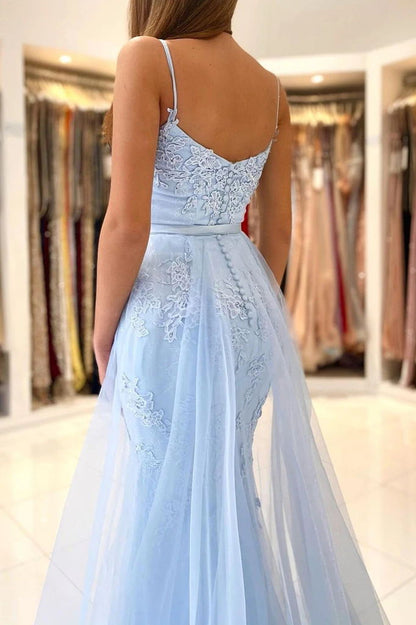 Baby Blue Lace Mermaid Long Prom Dresses With Overskirt Train GP133