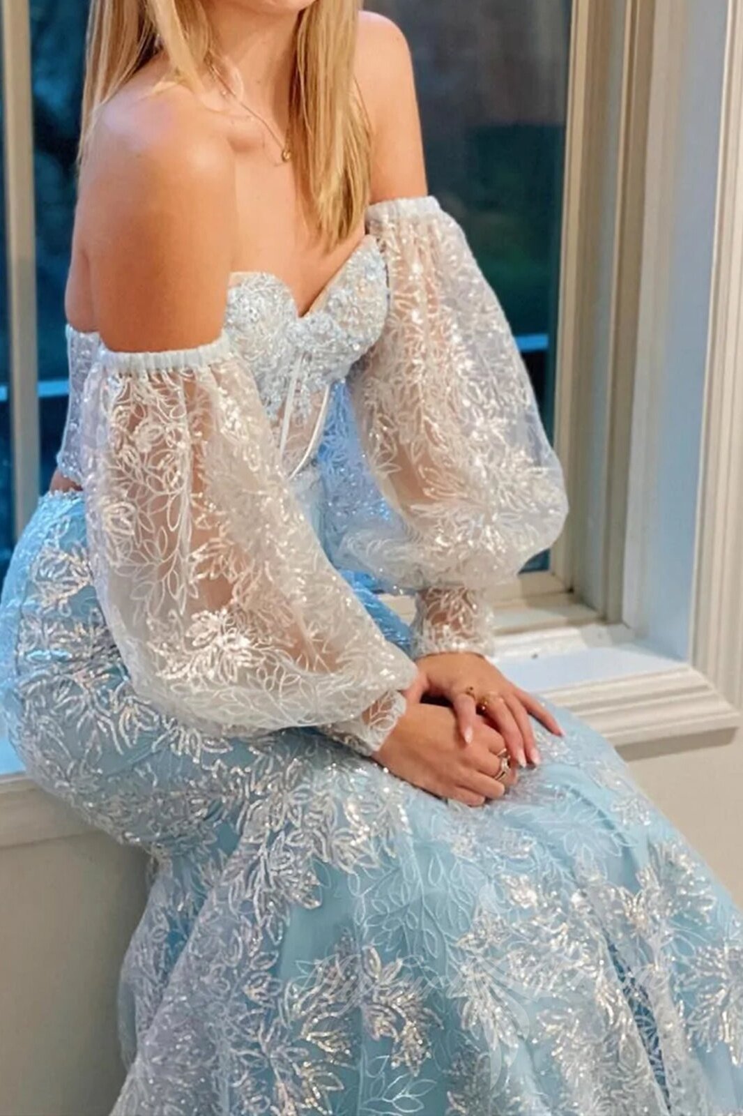 Black Lace Mermaid Prom Dresses With Puff Sleeves, Sweetheart Formal Dresses GP515