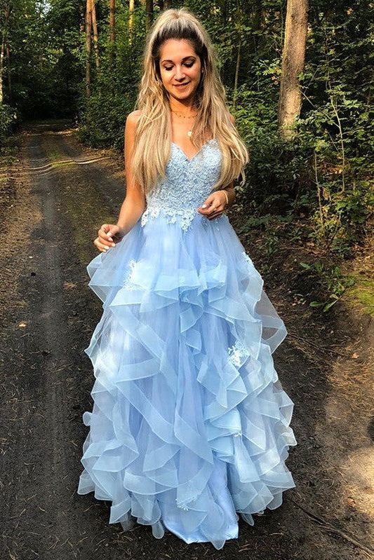 Vestidos de fiesta largos con apliques de cuello en V azul y volantes, vestidos de gala elegantes