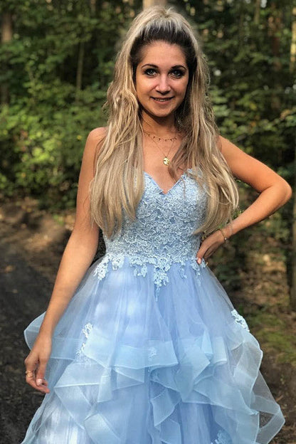 Vestidos de fiesta largos con apliques de cuello en V azul y volantes, vestidos de gala elegantes
