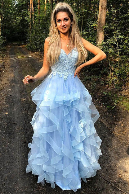Vestidos de fiesta largos con apliques de cuello en V azul y volantes, vestidos de gala elegantes