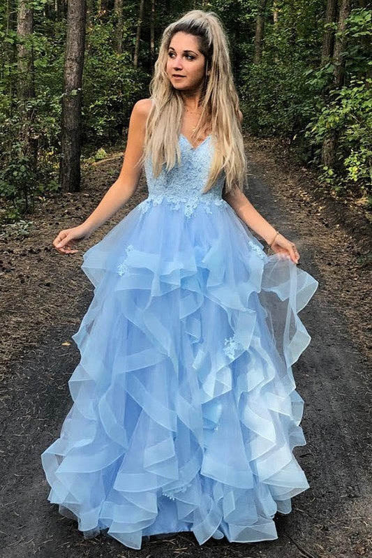 Vestidos de fiesta largos con apliques de cuello en V azul y volantes, vestidos de gala elegantes