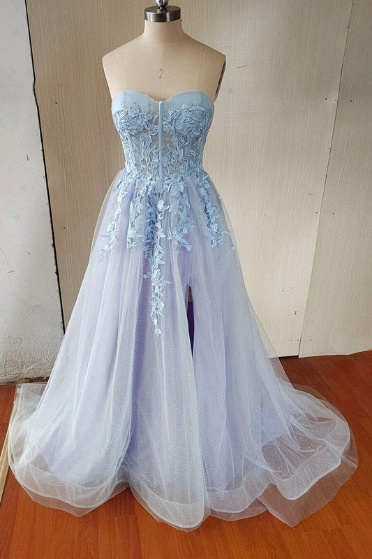 Blue Sweetheart Lace Tulle Long A-Line Prom Dress, Shiny Slit Party Dress GP706
