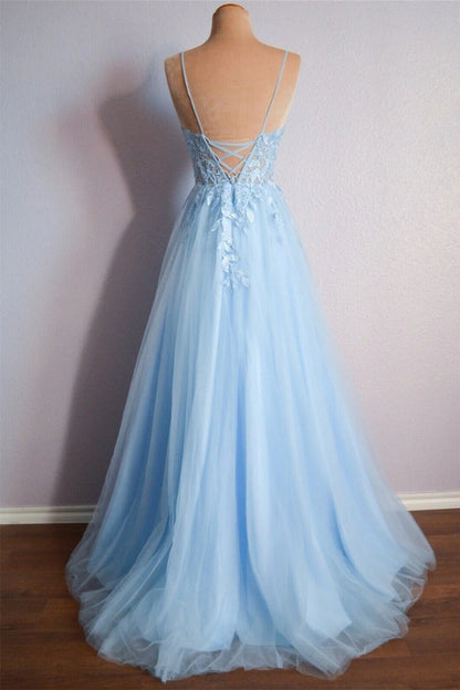 Sky Blue Tulle A Line V Neck Lace Long Prom Dresses, Graduation Evening Dress GP541