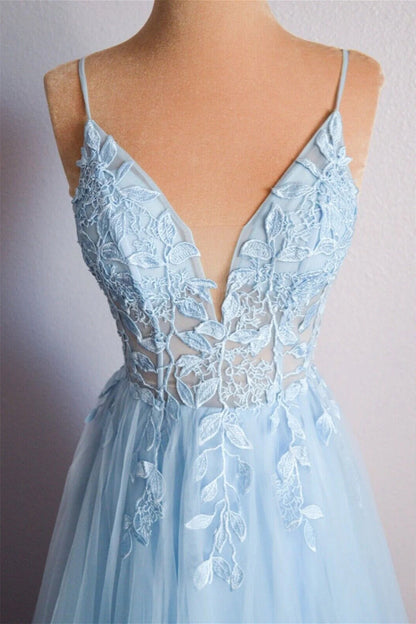 Sky Blue Tulle A Line V Neck Lace Long Prom Dresses, Graduation Evening Dress GP541