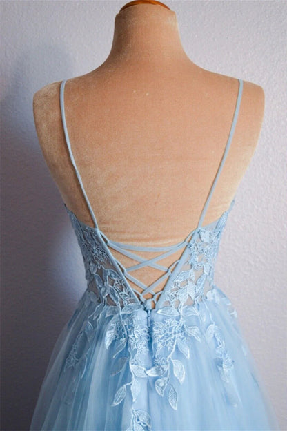 Sky Blue Tulle A Line V Neck Lace Long Prom Dresses, Graduation Evening Dress GP541