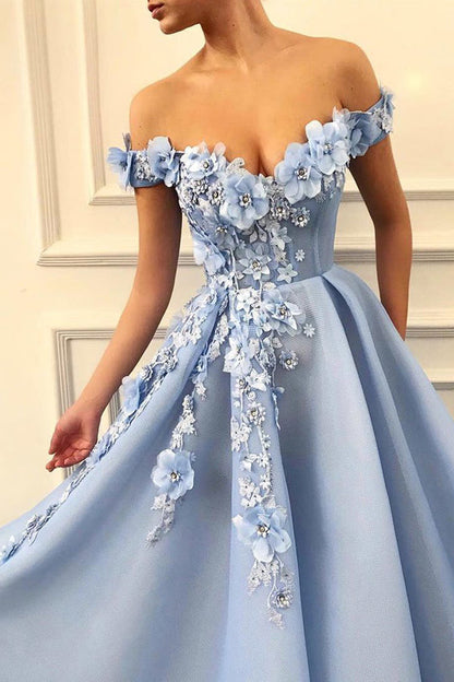 Blue Tulle Off The Shoulder 3D Floral Long Prom Dress,WP049