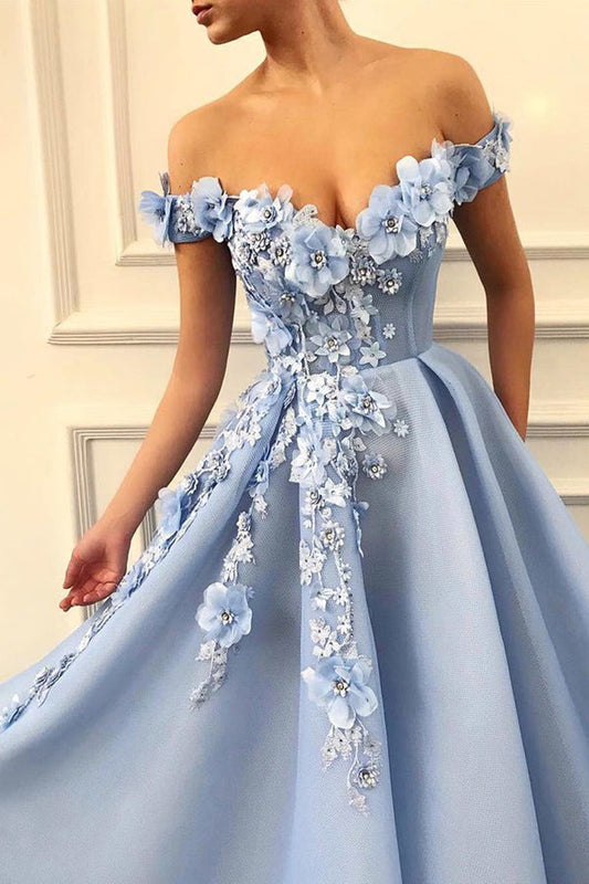 Blue Tulle Off The Shoulder 3D Floral Long Prom Dress,WP049