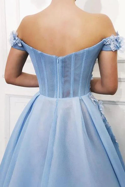 Blue Tulle Off The Shoulder 3D Floral Long Prom Dress,WP049