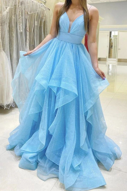 Baby Blue V Neck Long Prom Dresses, A-line Sleeveless Sweet 16 Gown GP135