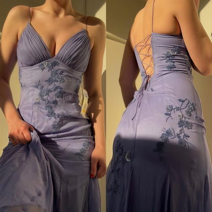 Blue Chiffon Sheath Long Prom Dress With Appliques, Slit Evening Party Dress, AST1521