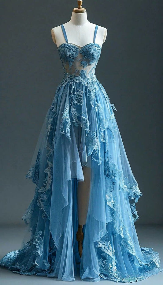 Blue Fairytale A-line Hi-Lo Prom Dress for Masquerade ✨Tulle&Lace Applique Spaghetti Strap Evening Dress ED01389