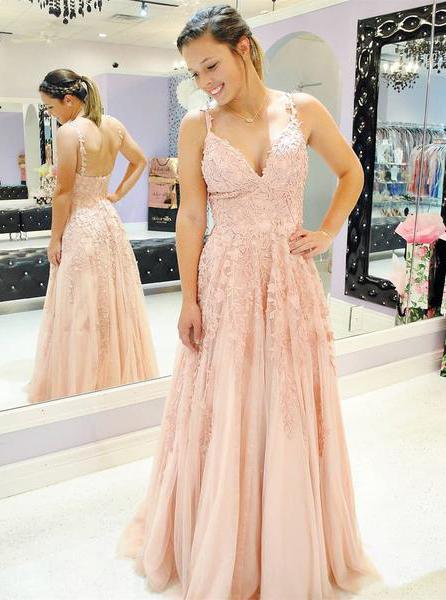 A-line Blush Pink Prom Dress Spaghetti Tulle Appliques Formal Dress GP13