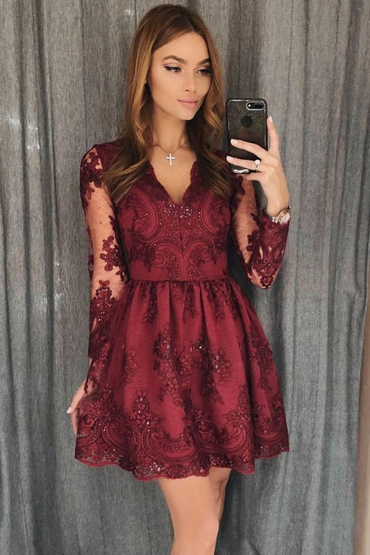 Vestidos de fiesta de encaje burdeos, vestido de fiesta corto de manga larga, vestido de cóctel