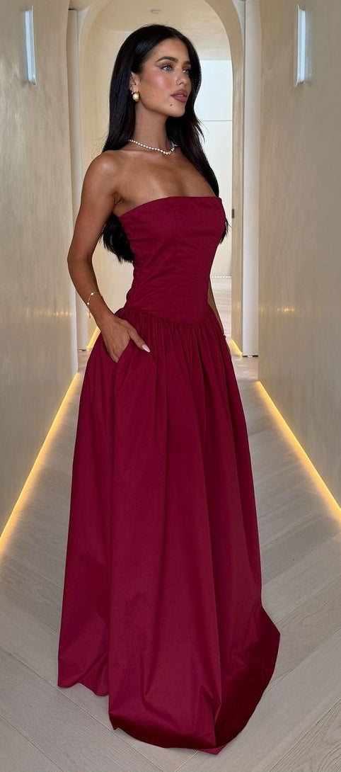 Burgundy Prom Dress, Strapless Evening Dress, A-Line Party Ball Gown, AST1745