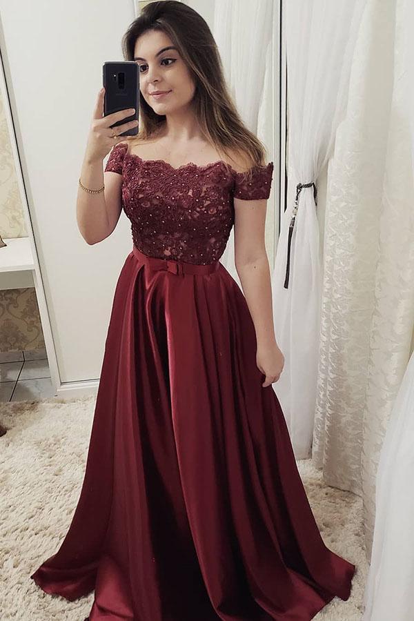 Burgundy Long Prom Dresses Off The Shoulder Appliques Party Dresses MP715