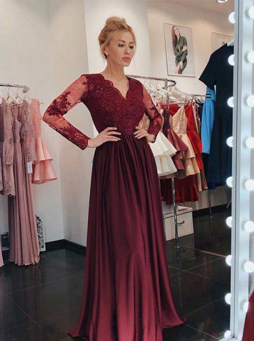 A-Line V-Neck Lace Long Sleeves Burgundy Prom Dress with Appliques MP1176