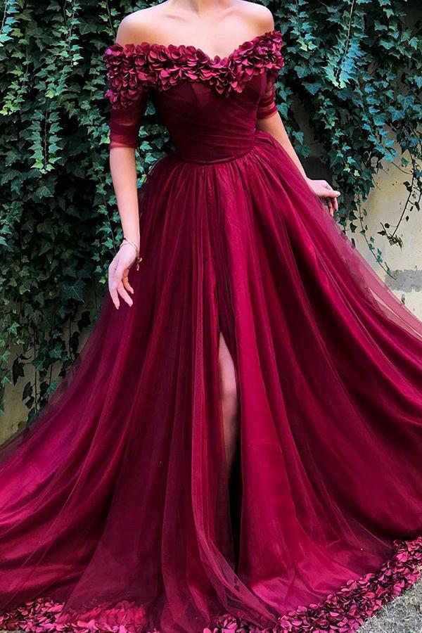 Burgundy Prom Dress Off Shoulder Half Sleeves Tulle with Appliques Dress GP09