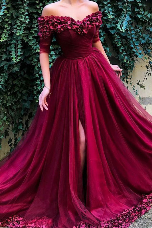 Burgundy Prom Dress Off Shoulder Half Sleeves Tulle with Appliques Dress GP09