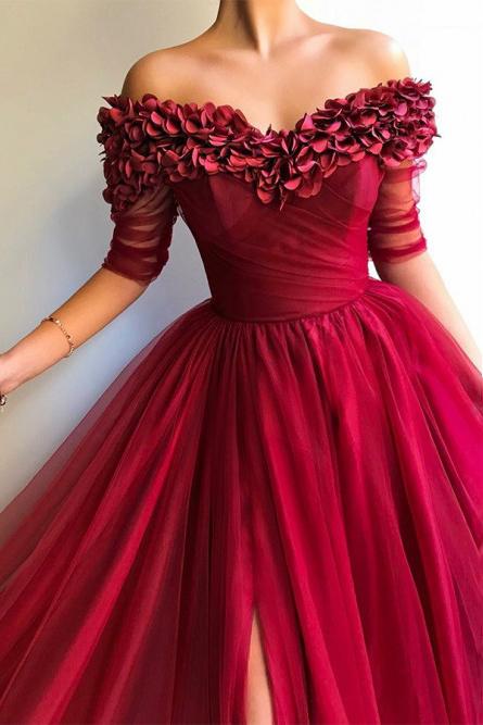 Burgundy Prom Dress Off Shoulder Half Sleeves Tulle with Appliques Dress GP09
