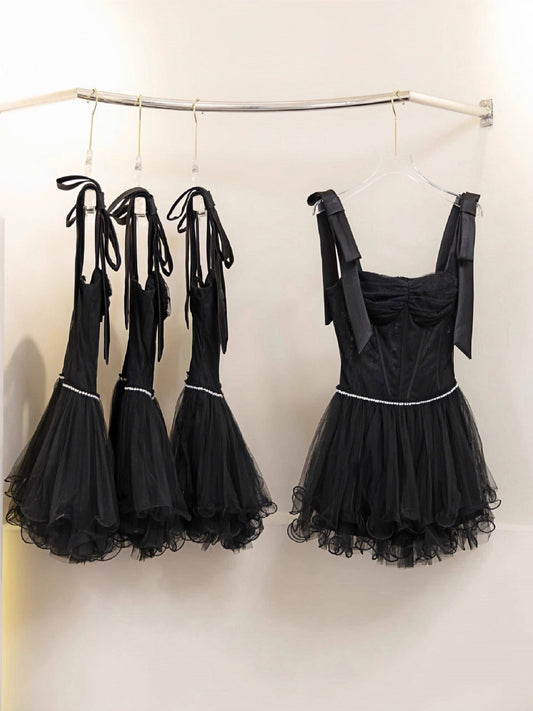 Vestido negro corto con tirantes finos, corte A, para fiesta, formal, de regreso a casa, elegante, de noche, corto, para cóctel, para cumpleaños número 16, de tul, DH2770