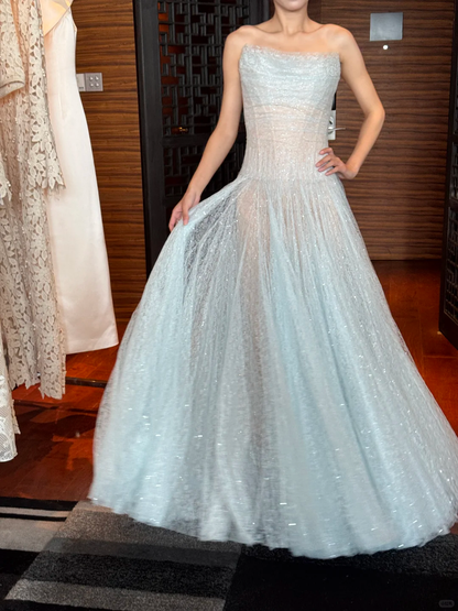 Romantic Blue A Line Strapless Sequin Tulle Long Prom Dress Gown Dress SH3582